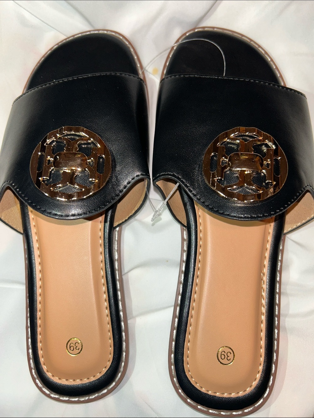 Black Slide Mules with Gold Medallion Accent - Women's